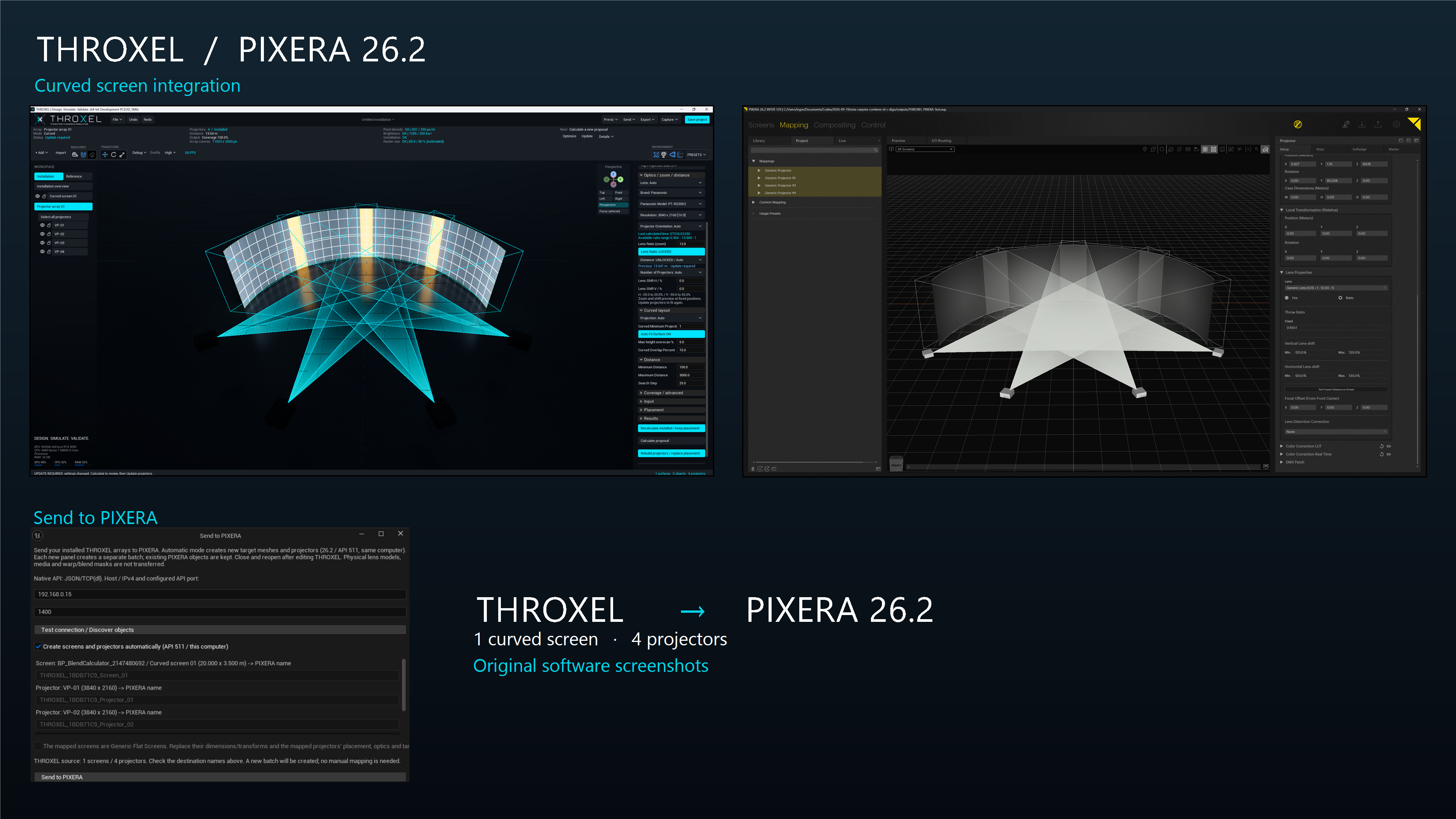 Real THROXEL and PIXERA 26.2 screenshots showing the same curved screen installation with four projectors